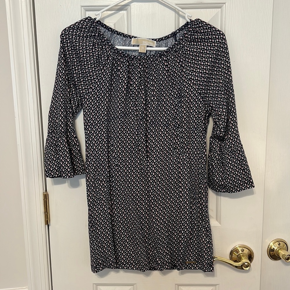 Navy Blue Floral Bell Sleeve Top